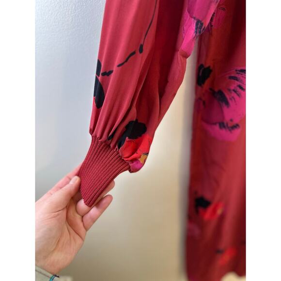 Vintage Carole Little St Tropez 100% Silk 80s Long Sleeve Red Floral Dress Large - Picture 3 of 8